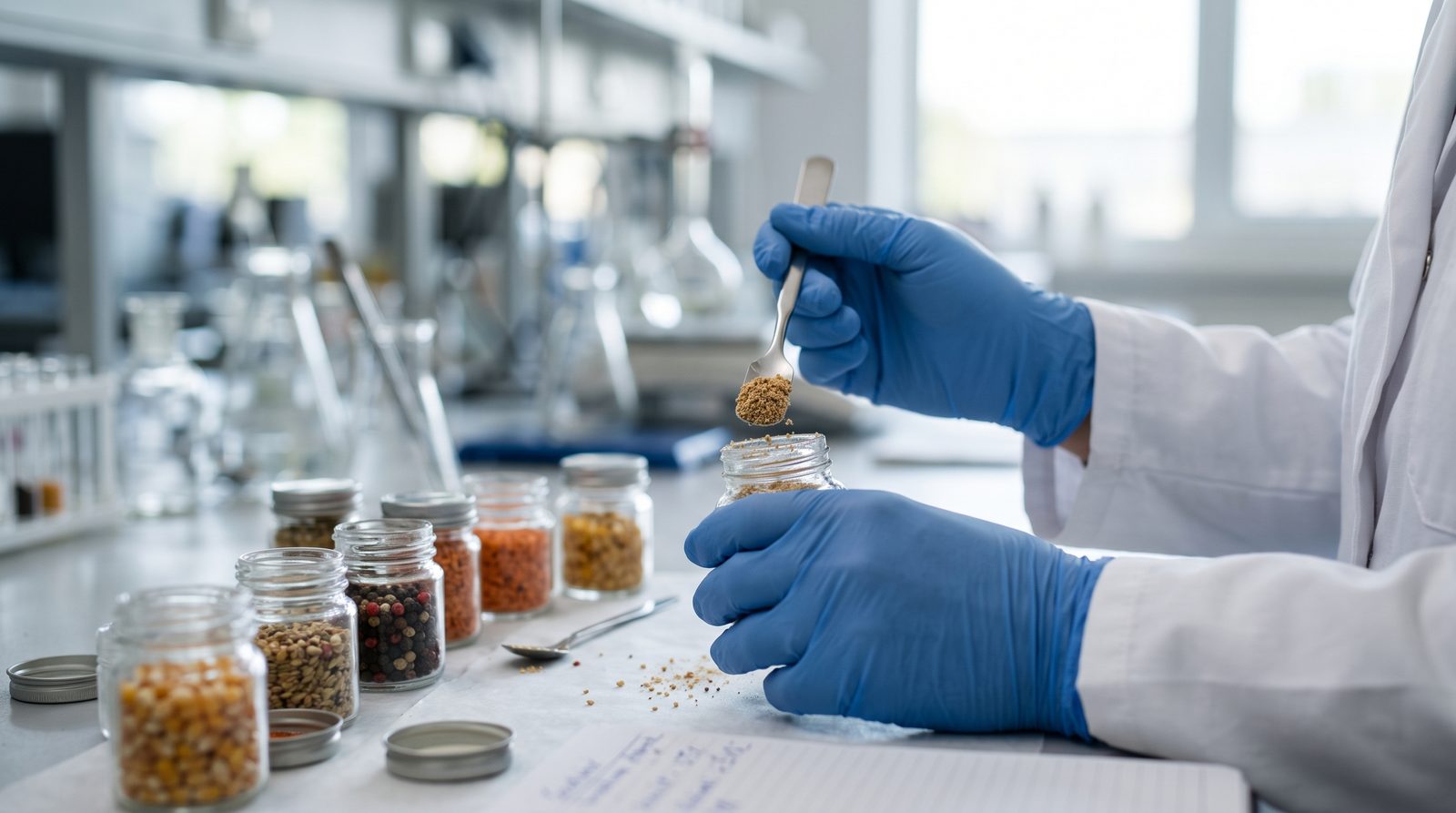 Taking a food sample with a spatula in an analysis laboratory