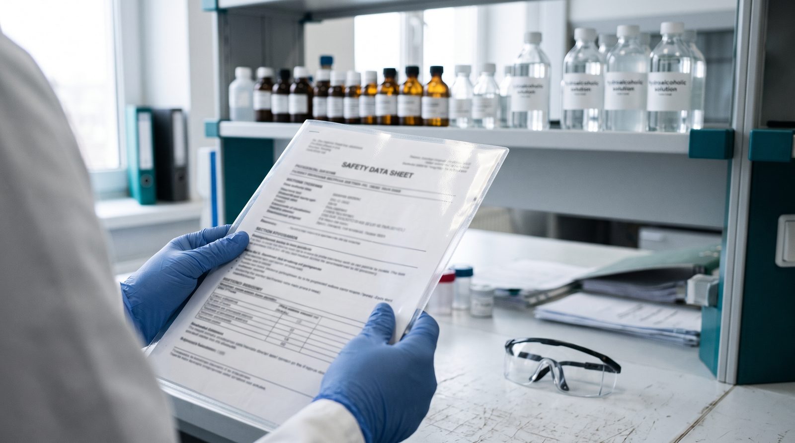 Consultazione di una scheda di sicurezza in laboratorio, davanti allo scaffale delle soluzioni e dei reagenti